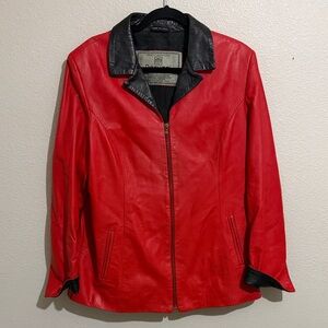 Peruzzi Vintage Red Leather Jacket with Black Collar Full Zip Made in Italy